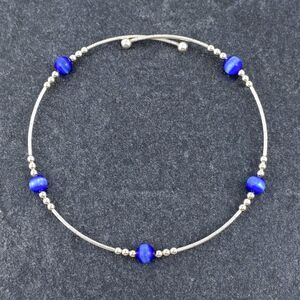 Women's Sterling Silver 925 Memory Wire Blue Simulated Cat's Eye Bracelet 7.5"